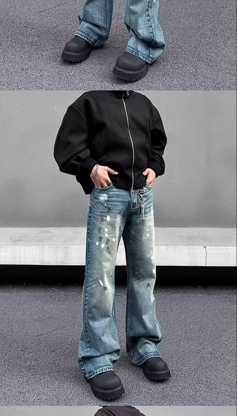 Unisex Trendy Loose Straight Leg Jeans American Retro Cleanfit Splatter Paint Casual Floor Length Wide Leg Pants_mkmklike.com