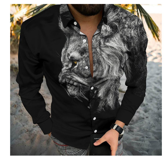 Ropa de los hombres europeos y americanos del comercio exterior 2023 primavera nuevos hombres 3D impreso casual solapa manga larga más tamaño camisa de los hombres