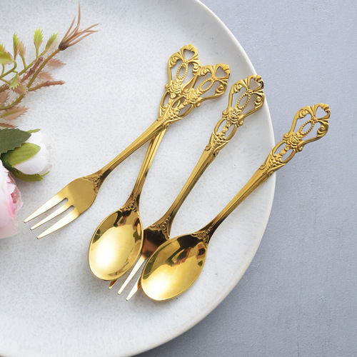 Creative stainless steel gold crown handle coffee stirring spoon three-tooth cake fork dessert fork fruit fork