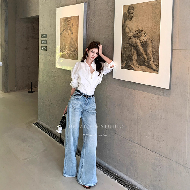 French-Style Women's Straight-Leg Wide-Leg High-Waisted Slimming Light Blue Korean Simple Versatile Floor-Length Jeans for Autumn French-Style Women's Straight-Leg Wide-Leg High-Waisted Slimming Light Blue Korean Simple Versatile Floor-Length Jeans for Autumn