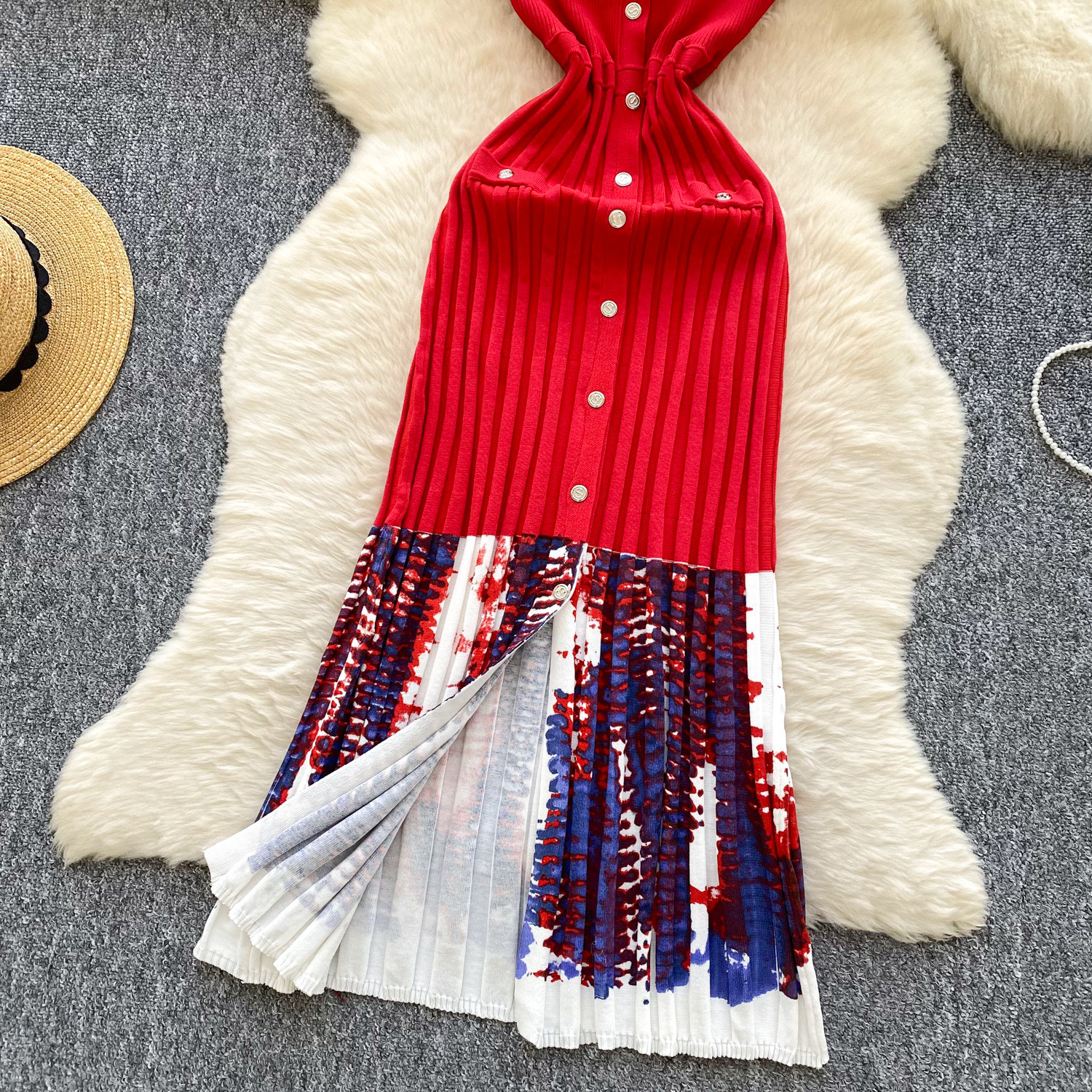 Women's Light Luxury Minimalist Sleeveless Knitted Long Dress Summer Splicing Single Breasted Design Elegant Unique_ecoleips.com