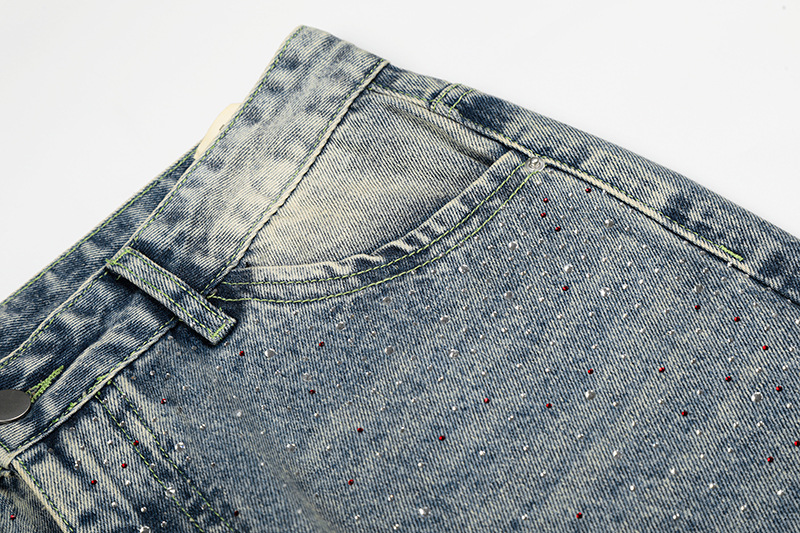 Retro Washed Rhinestone Straight Leg Jeans Loose Fit Casual Versatile Men Women High-End Design Summer Style_viptrois.com