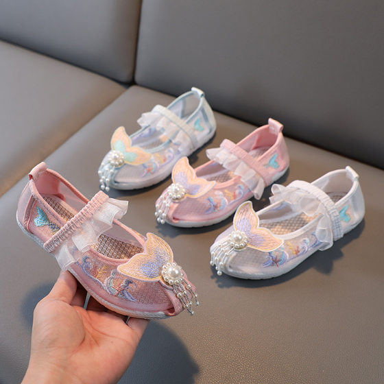 New summer mesh Hanfu embroidered shoes girls' ethnic style ancient costume embroidered shoes tendon bottom children's dance shoes