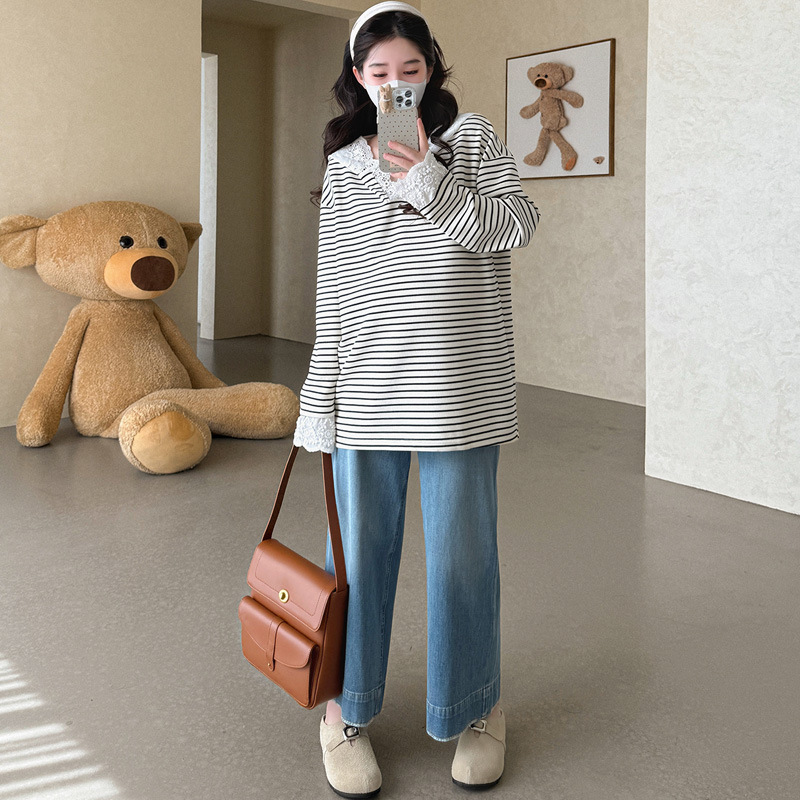 现货孕妇T恤秋季新款蕾丝拼接黑白条纹连帽长袖卫 宽松大版T恤|undefined