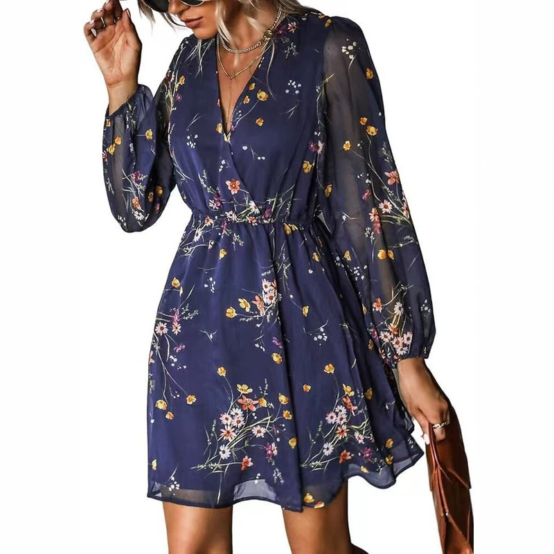 Cross-Border Hot-Selling Autumn Floral Chiffon Dress Amazon Wedding Party V-Neck Party Dress Cocktail Dress Cross-Border Hot-Selling Autumn Floral Chiffon Dress Amazon Wedding Party V-Neck Party Dress Cocktail Dress