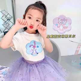 翻转亮片 女童夏装儿童纯棉短袖T恤兔子变色珠片洋气宝宝趣味童装