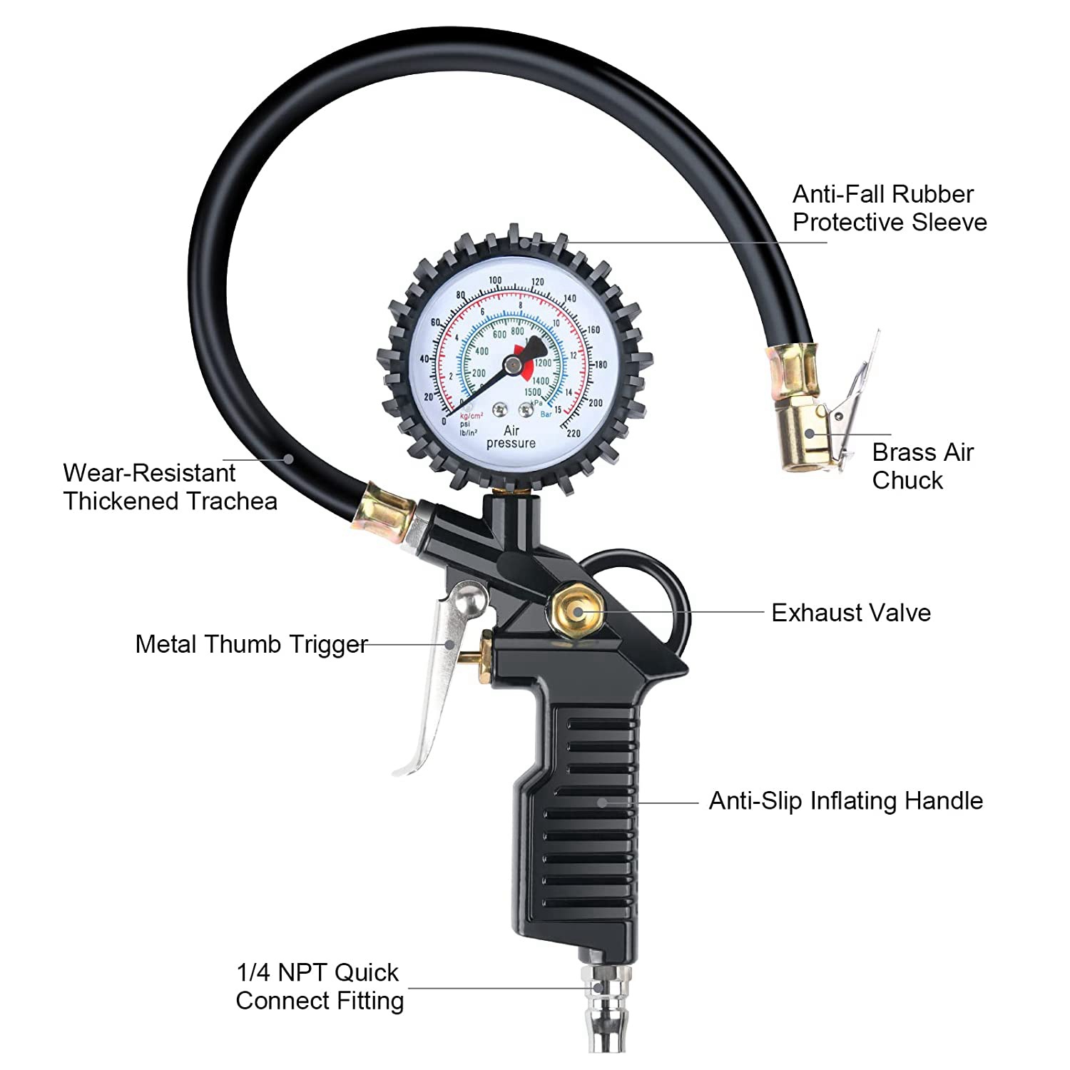 Black High-Precision Tire Pressure Gun with Digital Display, Oil-Immersed Tire Pressure Gauge, Car and Motorcycle Tire Pressure Measurement Kit