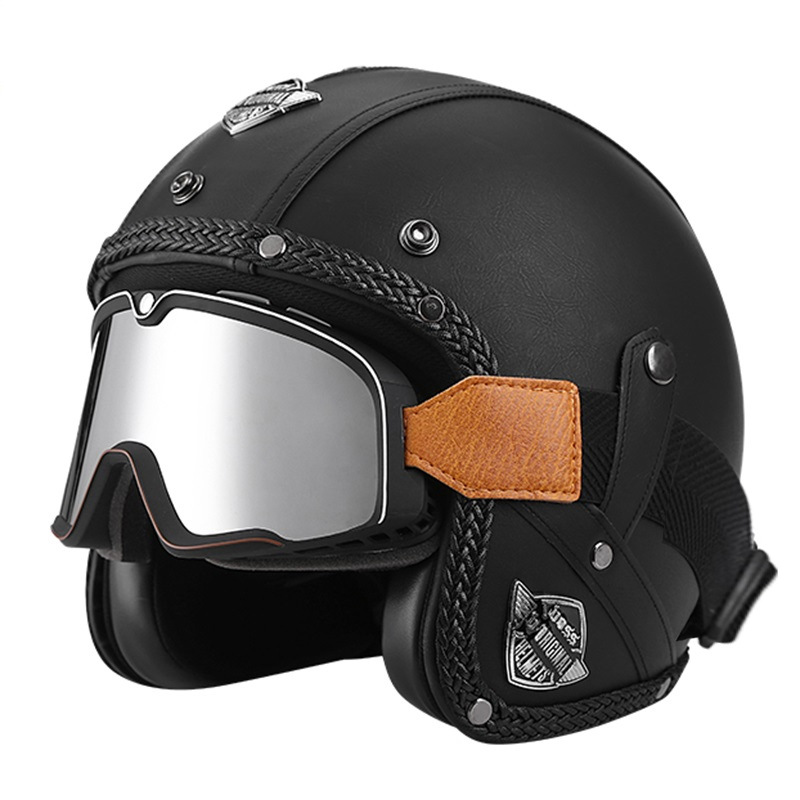 555 가죽 헬멧-블랙 + 대형 프레임 고글