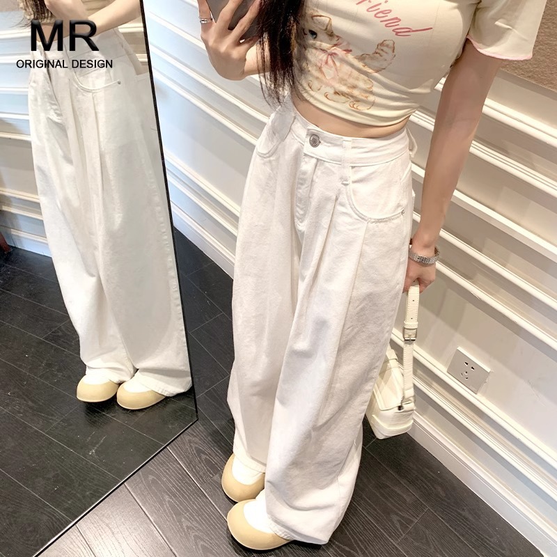 白い三防天糸高腰広脚ジーンズ女2024夏の薄いタイプのゆるい痩せ感ストレートパンツ|undefined