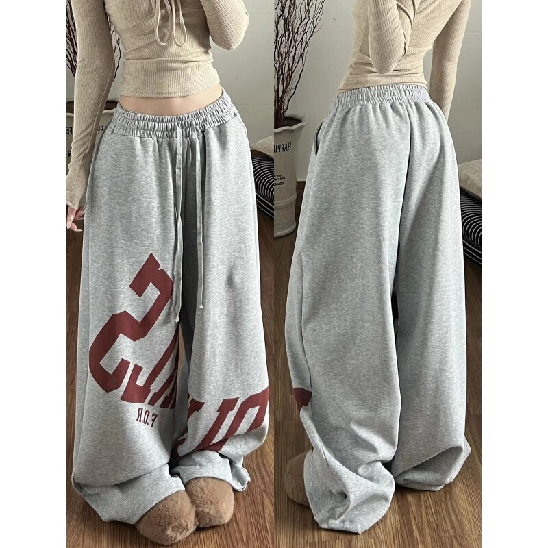 S-6Xl Korean Style Trendy Letter Print Gray Wide-Leg Sweatpants for Women, Autumn and Summer Design, Loose Dance Sports Pants