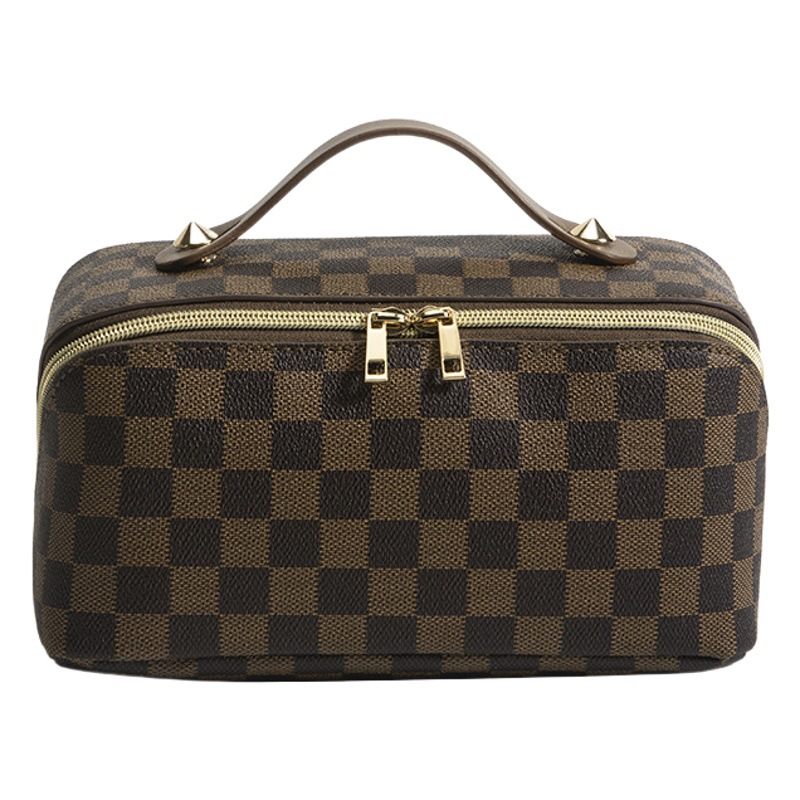 Bolsa de Cosméticos a Cuadros Estilo Retro, Modelo 2024, PU Multifuncional, Práctica y Portátil, Bolsa de Almacenamiento de Artículos de Tocador 8301 #