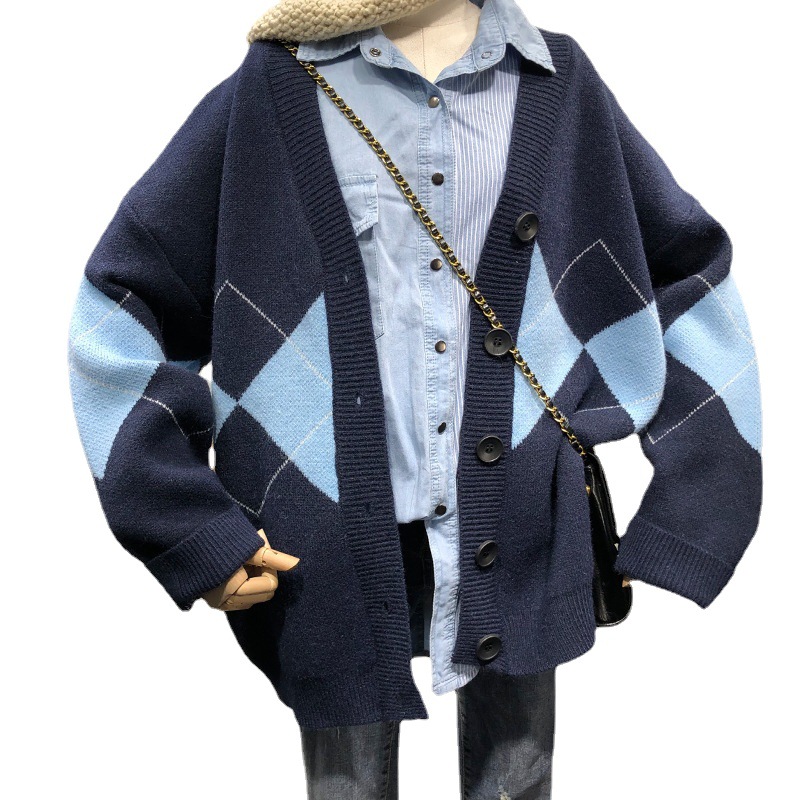 Otoño nuevo estilo británico diamante plaid suéter abrigo de las mujeres sueltas adelgazamiento v-cuello botón medio-longitud de punto cardigan
