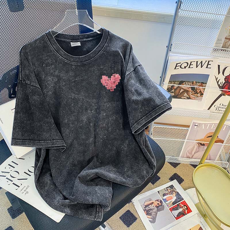 European and American Hiphop Trendy Brand Distressed Short-Sleeved T-Shirt Women's Large Size Loose Oversize Washed Black Printed Tops