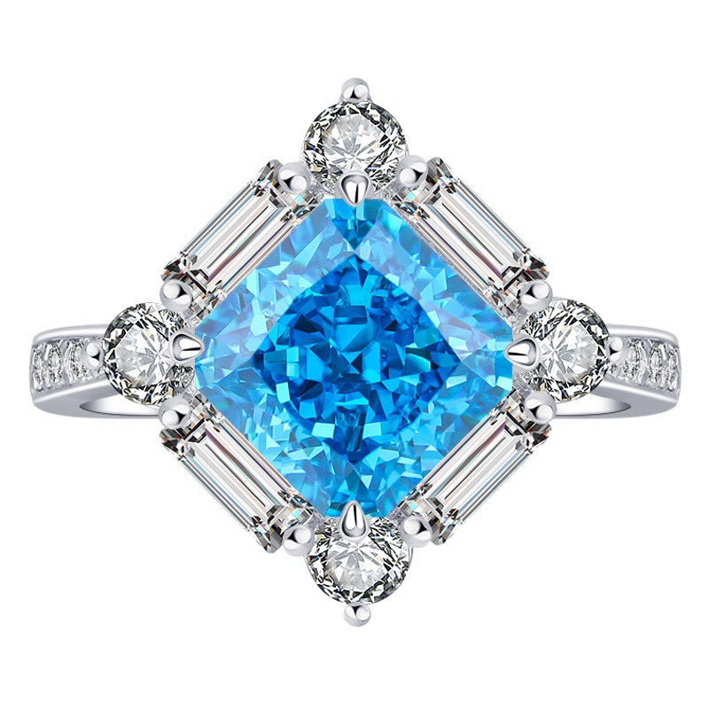 Zhuang Sheng joyería S925 plata de alto carbono diamante aguamarina princesa cuadrado diamante traje mujer principal piedra 8*8-7*7