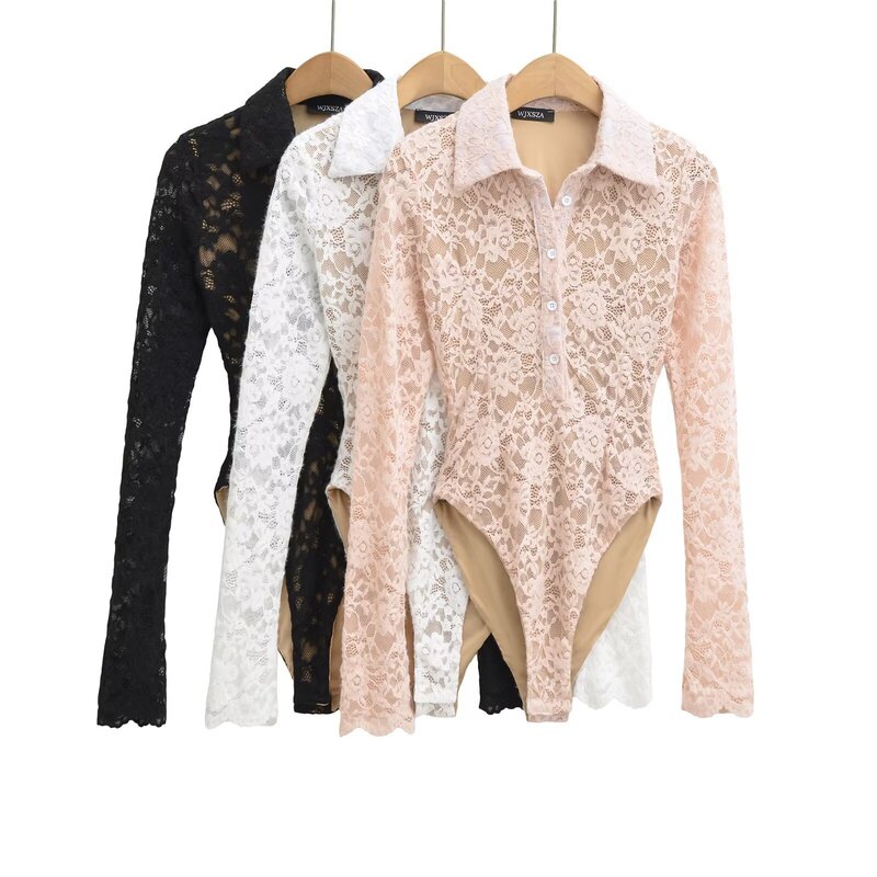 2025 Winter New Pure Desire Style Spicy Girl Lapel Double-Layer Embossed Floral Lace Long-Sleeve Lapel Shirt Jumpsuit 2025 Winter New Pure Desire Style Spicy Girl Lapel Double-Layer Embossed Floral Lace Long-Sleeve Lapel Shirt Jumpsuit
