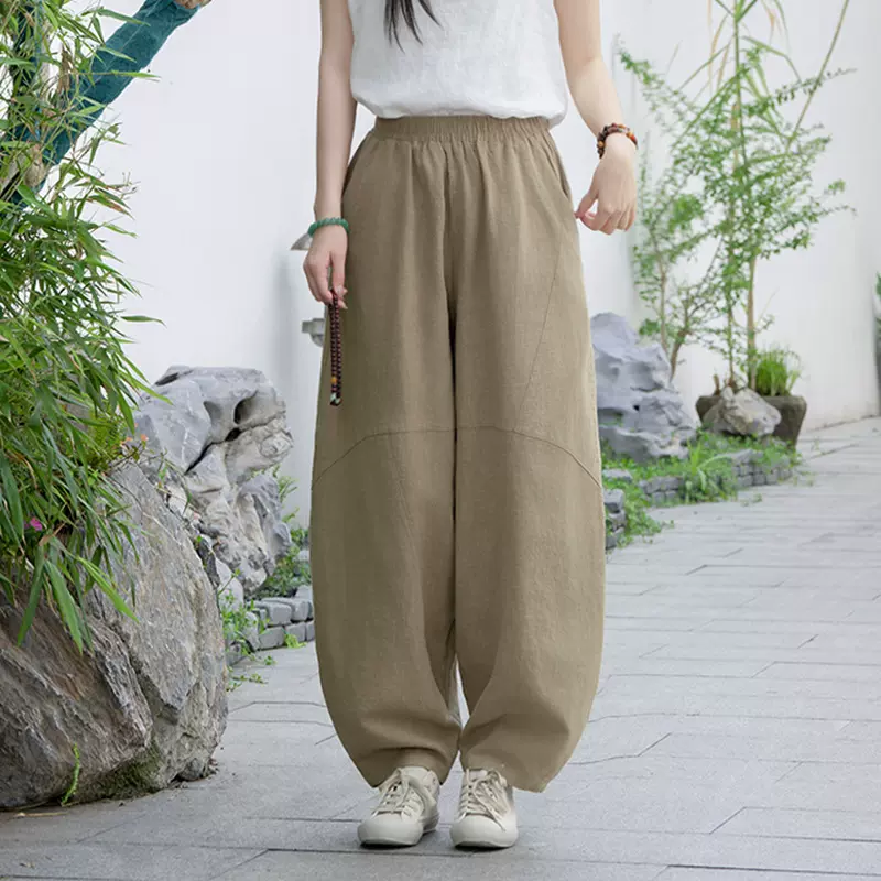 2025新款苎麻灯笼裤定制文艺复古宽松休闲裤棉麻萝卜裤阔腿女裤子