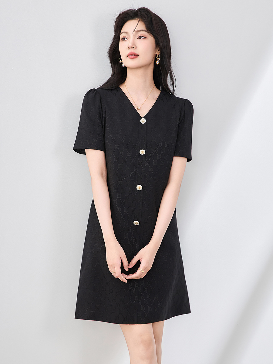 Váy chữ A tay bồng chất liệu jacquard cao cấp tôn dáng — Màu đen