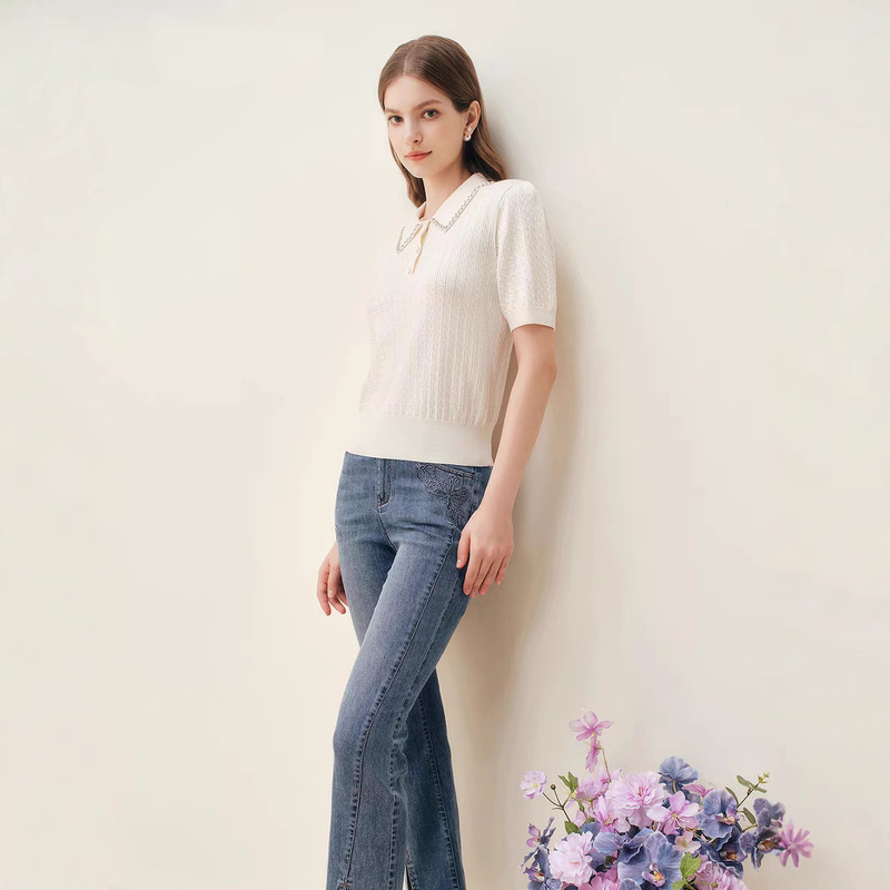 Kd2025 Solid Color Rhinestone-Embellished French Knit Short Sleeve Top for Women, Slimming Spring Light Luxury Knitwear