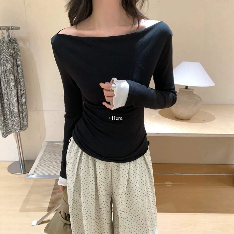 Hers One Scoop of Sweetness 2026 Autumn Korean Style Simple Loose Slimming Waist-Cinching Off-Shoulder Long Sleeve T-Shirt 66750