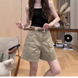 卡其色工装女2026大高腰码胖mm五分阔腿裤子女裤夏薄款大码女装