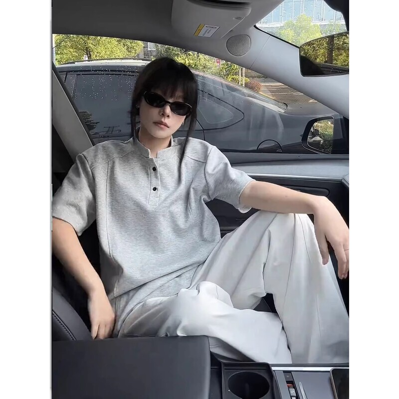白色牛仔裤套装男款夏季cleanfit薄款微喇直筒裤亨利领正肩短袖|undefined