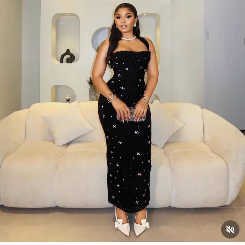 Cross-Border European and American New Style One-Line Collar Halter Dress with Hot Diamonds and High Slit to Cover the Hips and Hot Diamond Beaded Dress