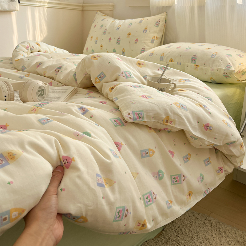 Juego de cuatro piezas de cama de algodón de hilo de doble capa 2025 nueva funda de edredón de sábana ropa de cama de dormitorio de estilo pastoral