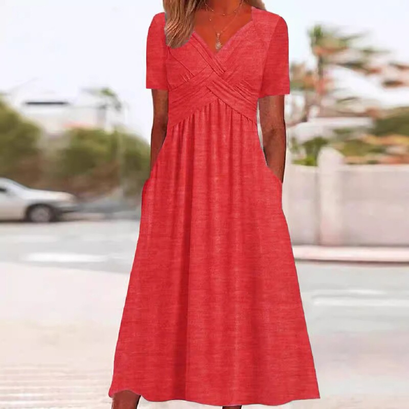 European and American New Style Women's Summer Dress, Elegant Pullover Solid Color Short-Sleeve V-Neck Plus-Size Fashion Umbrella Long Dress