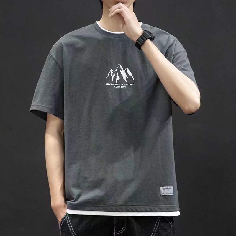 2023 Men's Short Sleeve T-shirt Summer New Fashion Brand Fake Two Pieces Loose fitting Men's Fashion Half Sleeve T-shirt Top