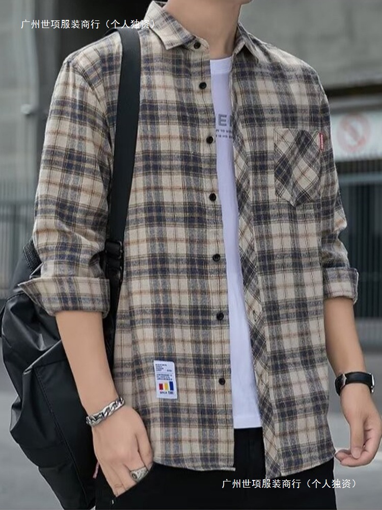 格子休闲衬衫男士春秋季长袖衬衣韩式上衣服复古宽松夏季薄款外套