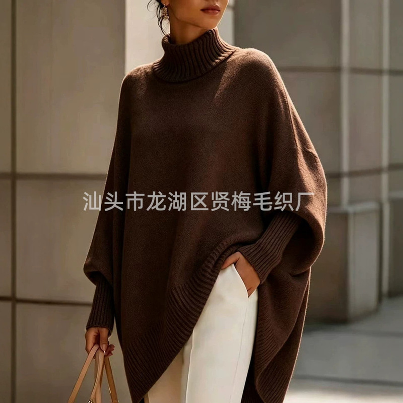 Autumn and winter high-neck cape sweater for women, plus-size, loose-fitting, batwing sleeves, asymmetrical design, knitted cape for outerwear Autumn and winter high-neck cape sweater for women, plus-size, loose-fitting, batwing sleeves, asymmetrical design, knitted cape for outerwear