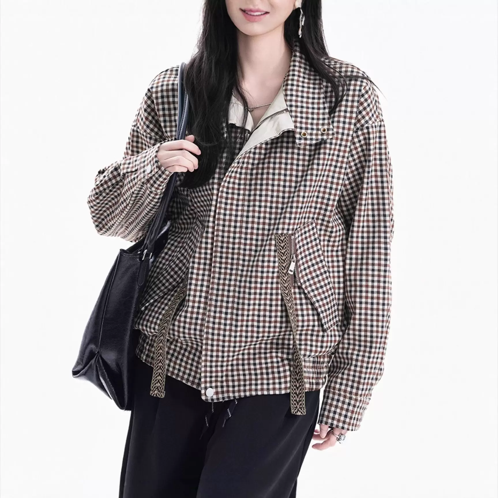 定制春秋新款格纹夹克女复古撞色设计感收腰宽松翻领短款外套上衣