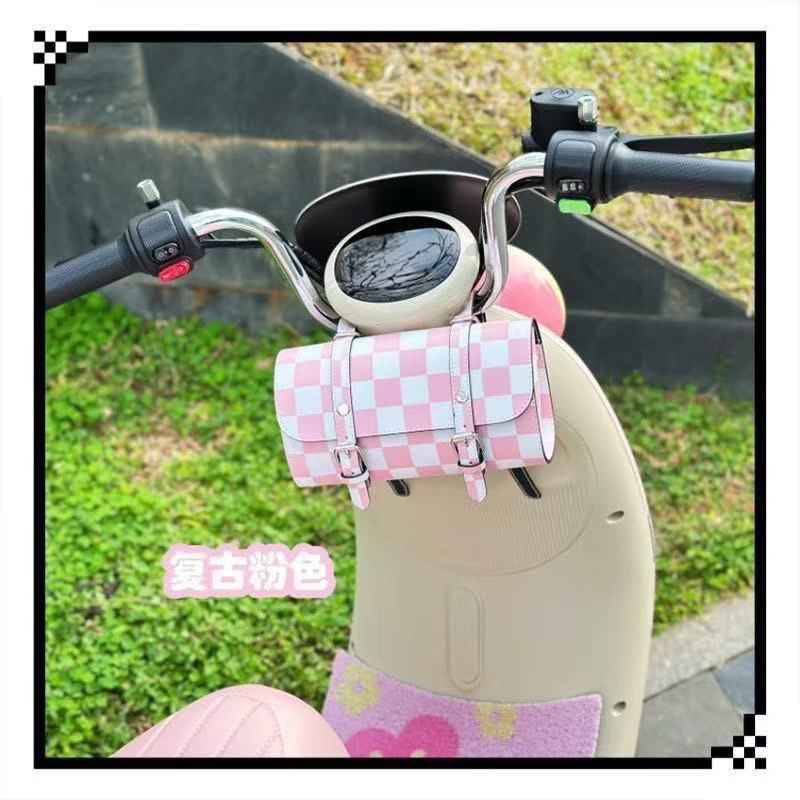 Electric Vehicle Motorcycle Retro Checkerboard Leather Bag Rear Seat Front Bag Waterproof Charger Storage Artifact