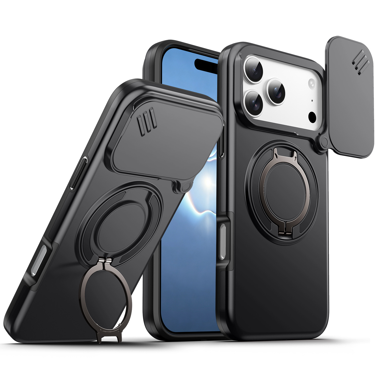 Funda Magnética para iPhone 17 Pro Max 16 15 de PC con Soporte Giratorio 360°, Tapa Deslizante para Lente y Anti-caída