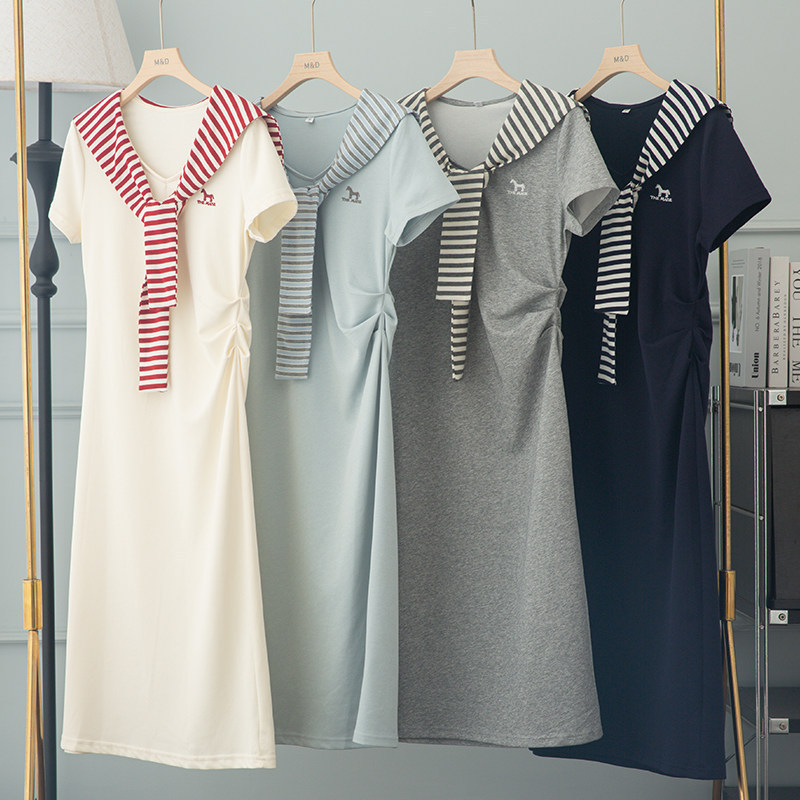 College-style faux two-piece navy collar striped cape waist-cinching dress for women, 2026 early summer, extremely stylish new dress College-style faux two-piece navy collar striped cape waist-cinching dress for women, 2026 early summer, extremely stylish new dress