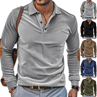 Cross-Border Hot Selling American Men's Spring & Fall Corduroy Retro Loose Casual Outdoor Long-Sleeved Patch Bottoming Polo Shirt