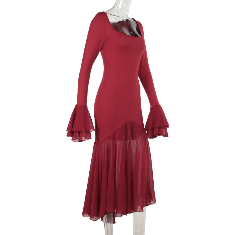 Autumn Socialite Elegant Sexy Slim Fit Ruffled Hem Long Sleeve Dress Women