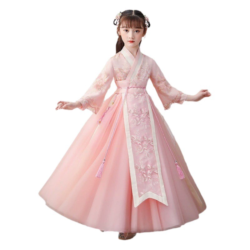 Детский костюм Ханьфу в китайском стиле, очень сказочный, новинка 2024 года, весенне-осенний, для детей постарше, в стиле тан, с перекрестным воротником и расклешенной юбкой.