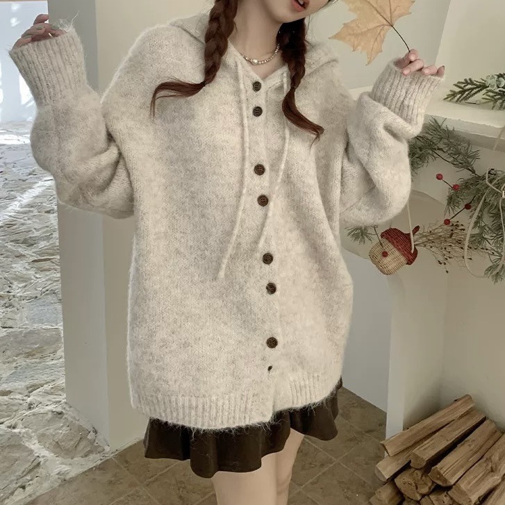 秋冬の女性用フード付きセーターカーディガン、厚みのある韓国風ルーズレイジースタイルニットセータージャケット、柔らかくワックスのようなトップ|undefined