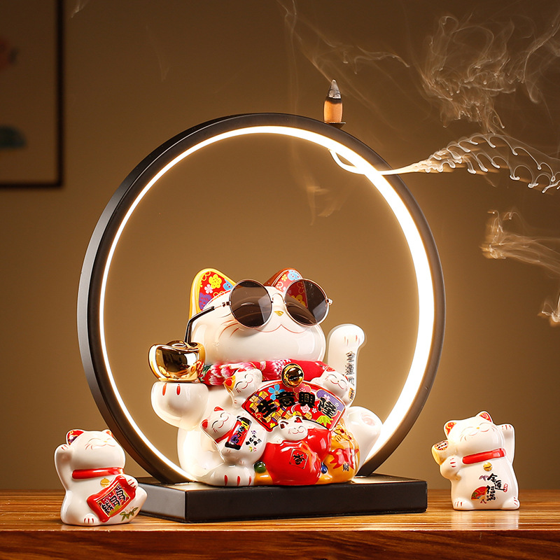 Lucky Cat Lamp Ring Home Decor, Opening Ceremony Waving Ceramic Symbol, Creative Shop Decoration, Cashier Gift
