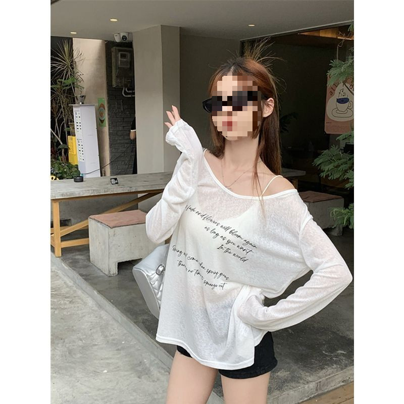 レイジースタイルレタープリントオフショルダー長袖Tシャツレディース春夏ゆったりカジュアル着痩せ万能薄手日焼け止めトップス|undefined
