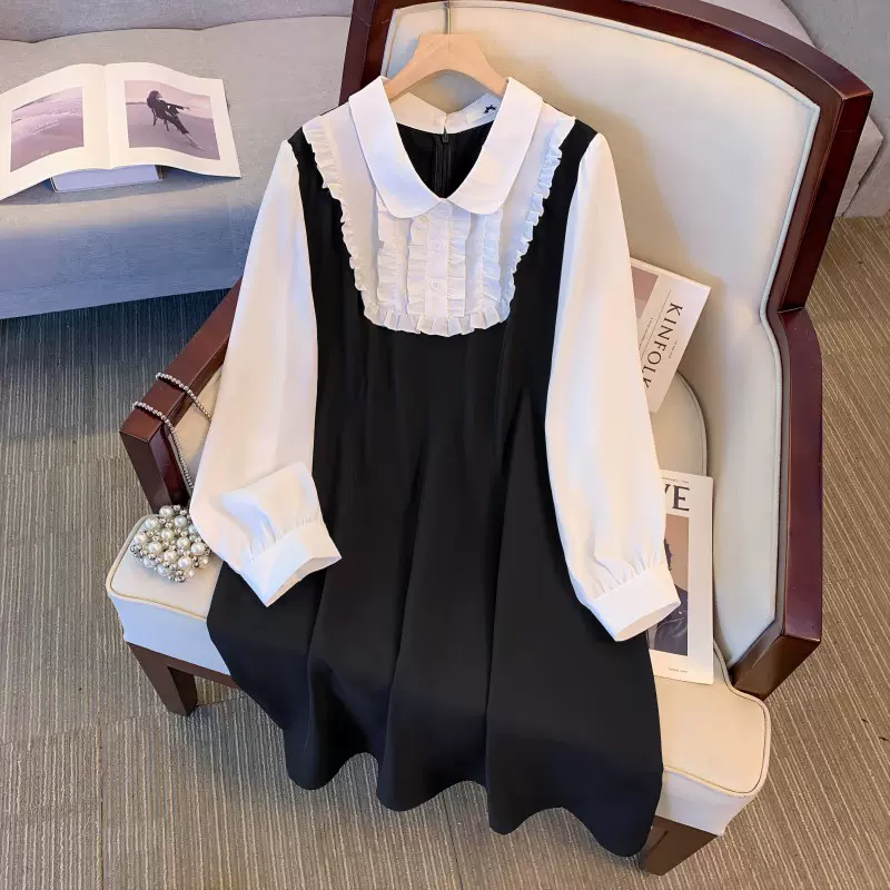 300斤大码女装胖mm长袖连衣裙撞色假两件拼接衬衫裙2024初秋新款