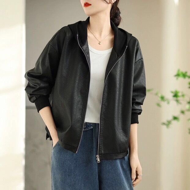 Polyurethane spring jacket with hood, cardigan, Korean style, oversize