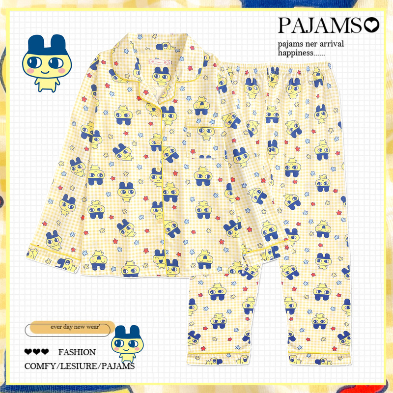 Tamagotchi Cartoon Pajamas for Women, Spring and Autumn Style, Long-Sleeved, Pure Cotton, Japanese Cute Style, Yellow Plaid Loungewear Tamagotchi Cartoon Pajamas for Women, Spring and Autumn Style, Long-Sleeved, Pure Cotton, Japanese Cute Style, Yellow Plaid Loungewear