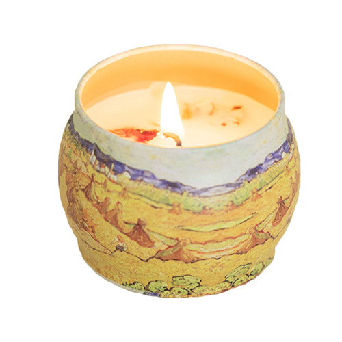 Hot selling gentle oil painting tin can aromatherapy candle, soy wax romantic aromatherapy candle for weddings