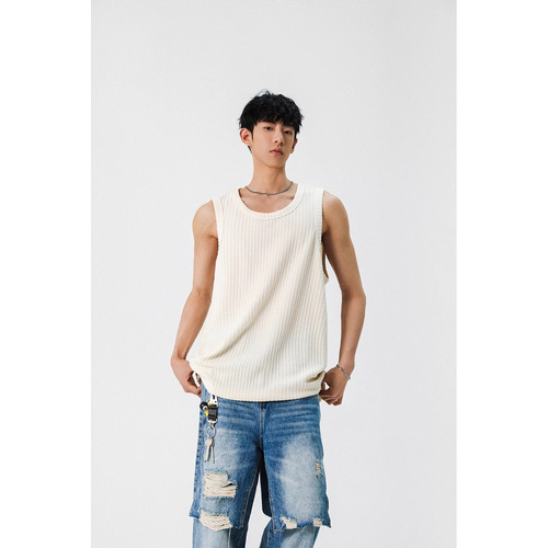 Texture White Men's Tank Top 2025 Summer New Simple Trendy Cross-Training Cut-shoulder Loose Casual Sleeveless T-shirt