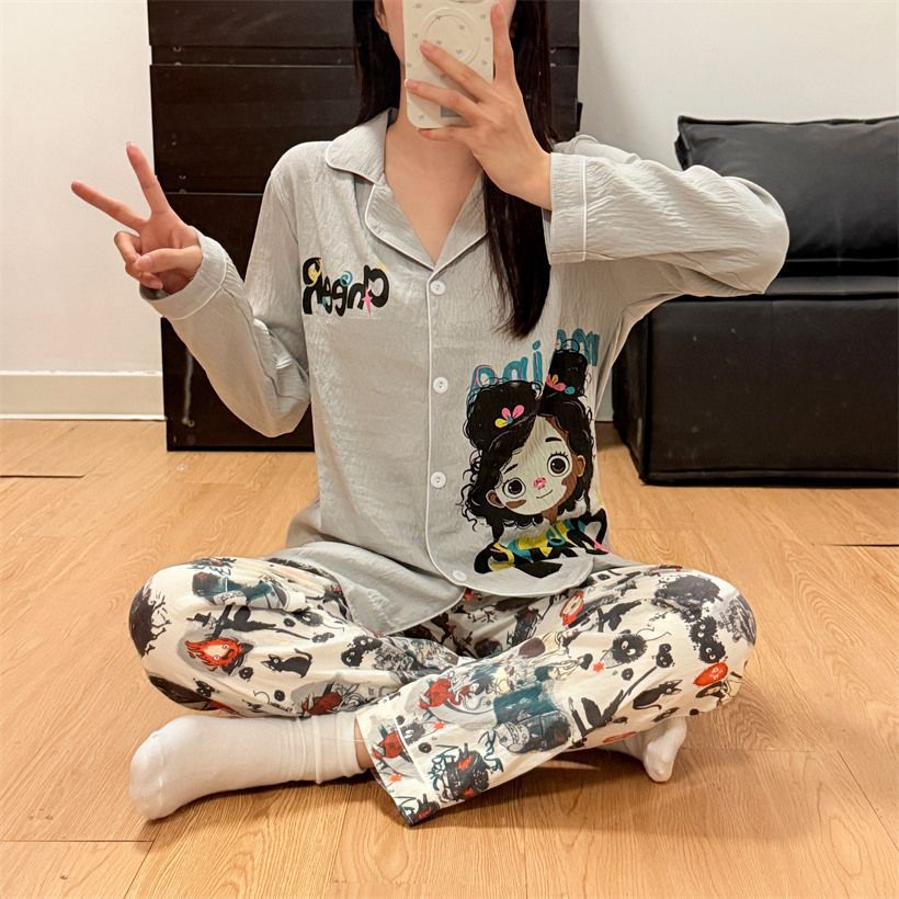Al por mayor transfronterizo otoño nuevo engrosado cardigan de algodón nubes mangas largas pantalones largos traje de pijamas de dibujos animados casuales chicas