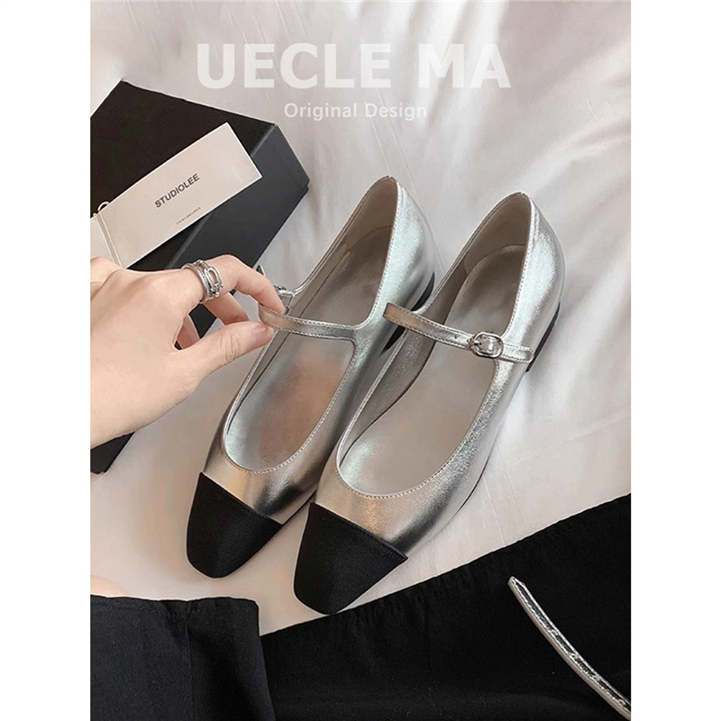 양가죽 ~ 여성용 프렌치 슈즈 실버 2025 봄 신작 정품 가죽 스몰 프래그런스 플랫 슈즈 이브닝 슈즈 메리 제인 슈즈