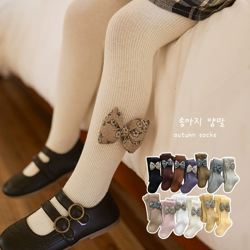 Демисезонные детские трехмерные дышащие базовые колготки с бантом для принцессы, цветочный принт
