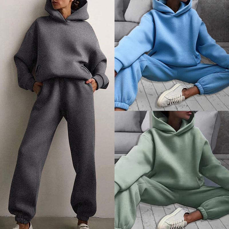 2026 New Cross-Border European and American Women's Fashion Casual Sports Style Solid Color Thickened Hooded Sweatshirt Fashion Set for Women